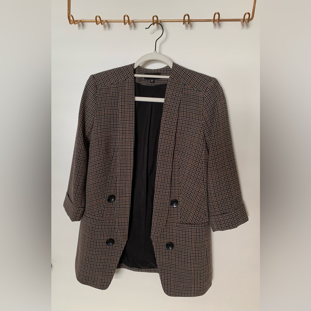 Express Plaid Collarless Rolled Sleeve Blazer